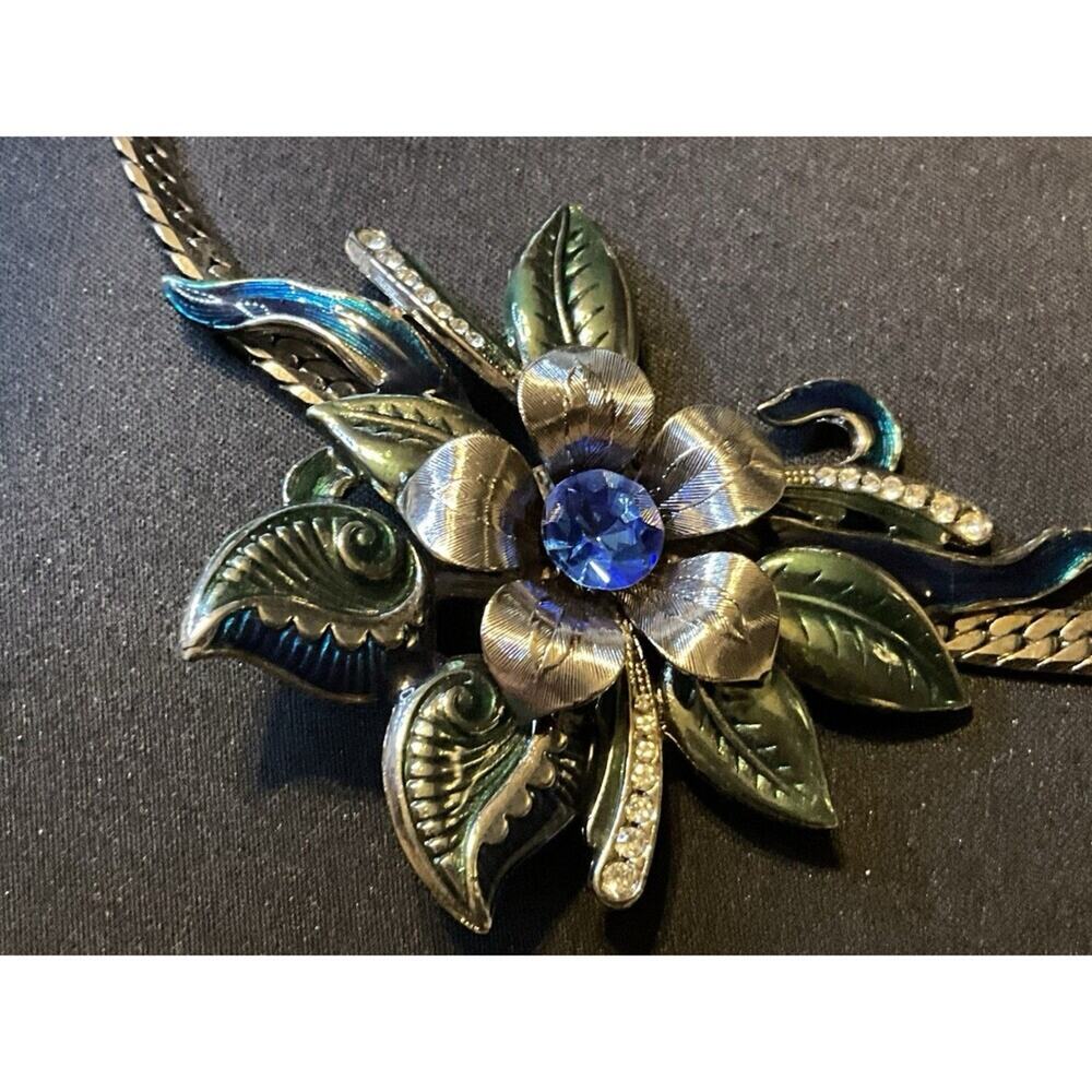 Art Nouveau Silver Tone Floral Necklace Blue Gemstone, Rhinestone 17in